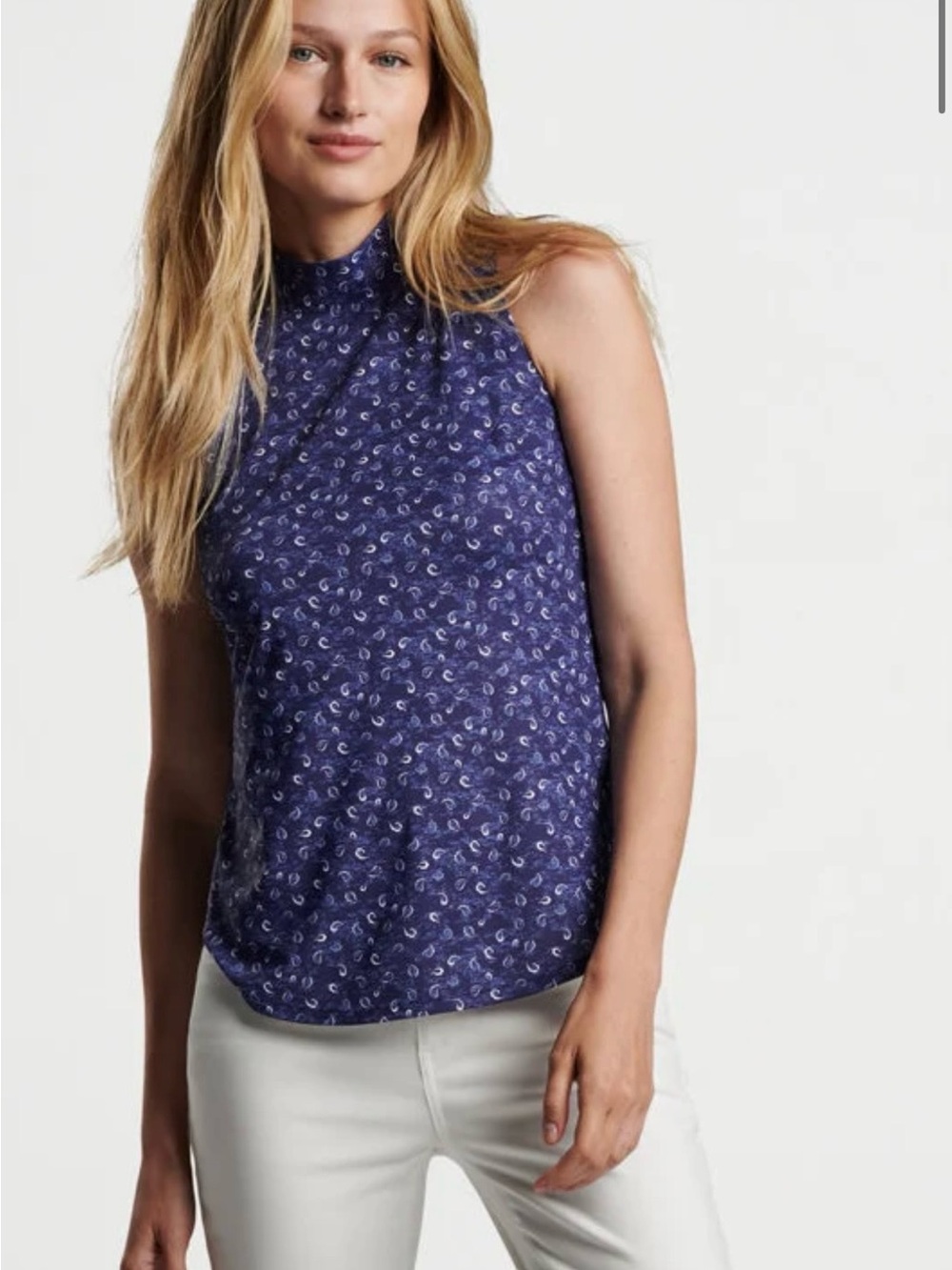 NWT Peter Millar Sleeveless Mock-Neck Top in Navy Paisley